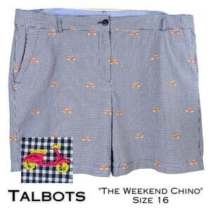 Talbots The Weekend Chino Shorts 16 Navy White Gingham w/ Embroidered Scooters